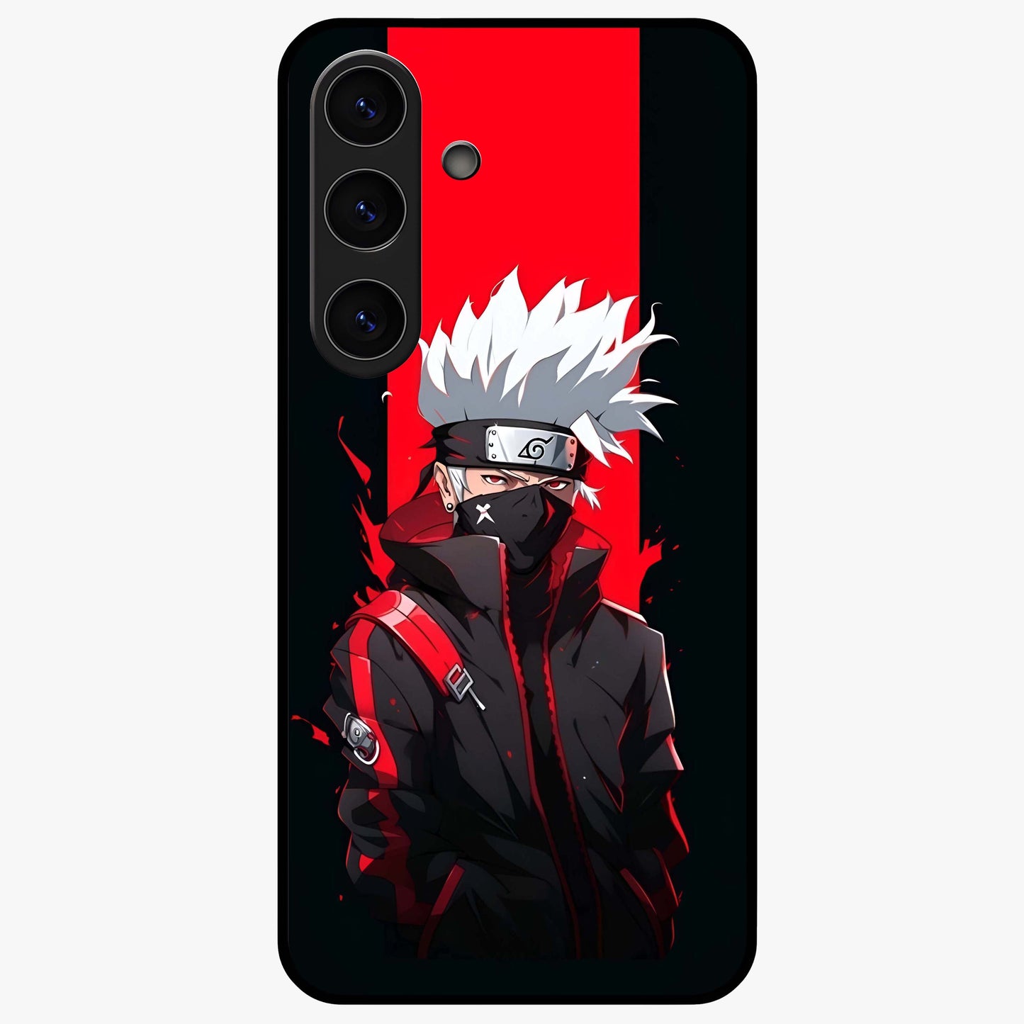 Kakashi Scarlet Shadow Glass Case showing flat back view with powerful anime ninja artwork and glossy glass finish.