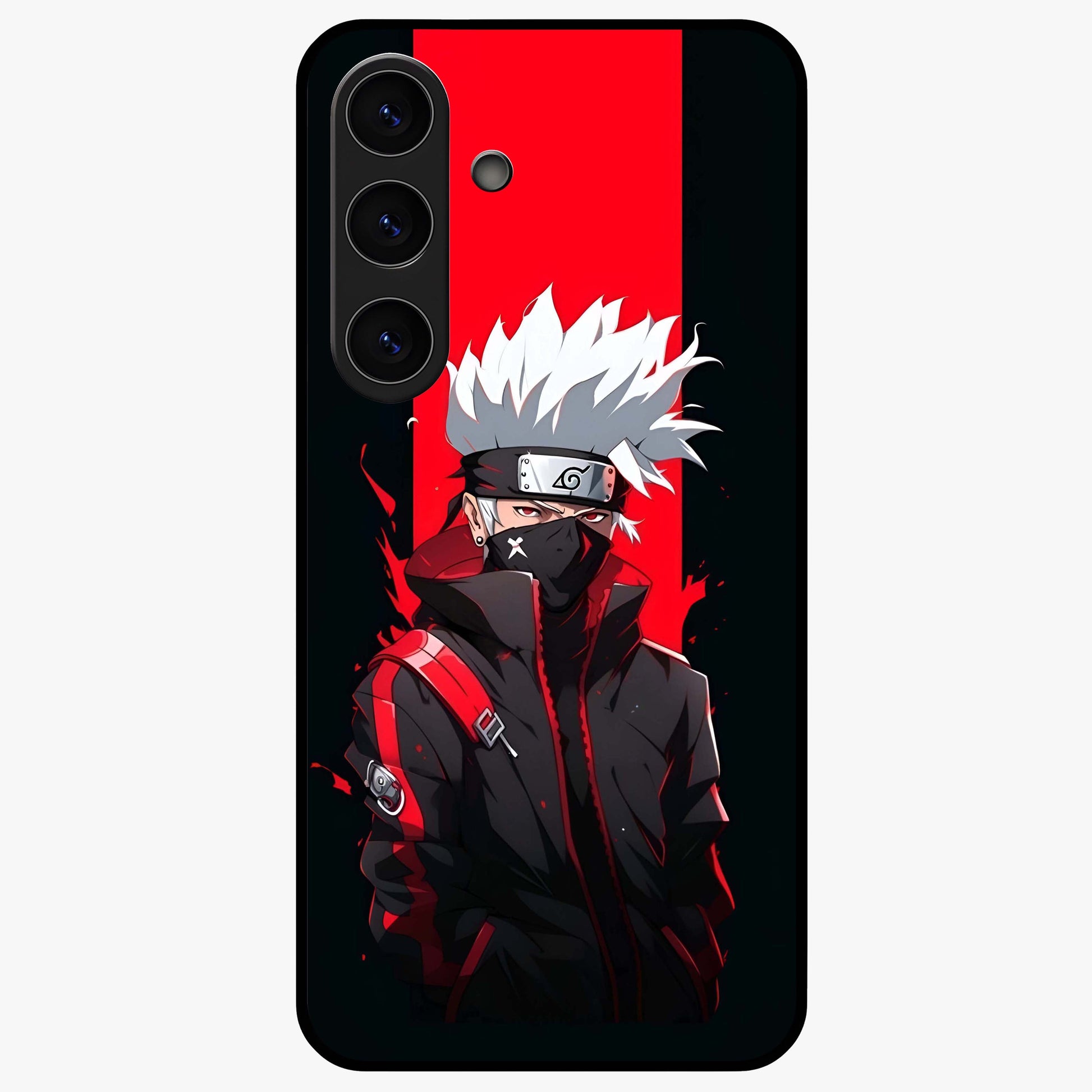 Kakashi Scarlet Shadow Glass Case showing flat back view with powerful anime ninja artwork and glossy glass finish.