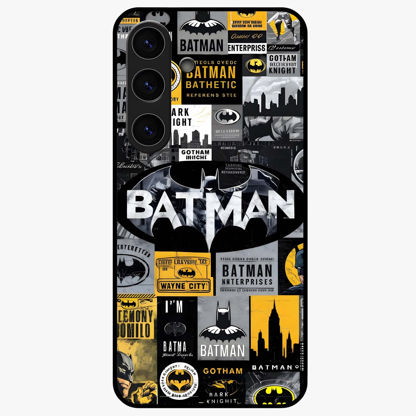Knight Gotham Rise Glass Case showing flat back view with dark hero inspired artwork and glossy glass finish.