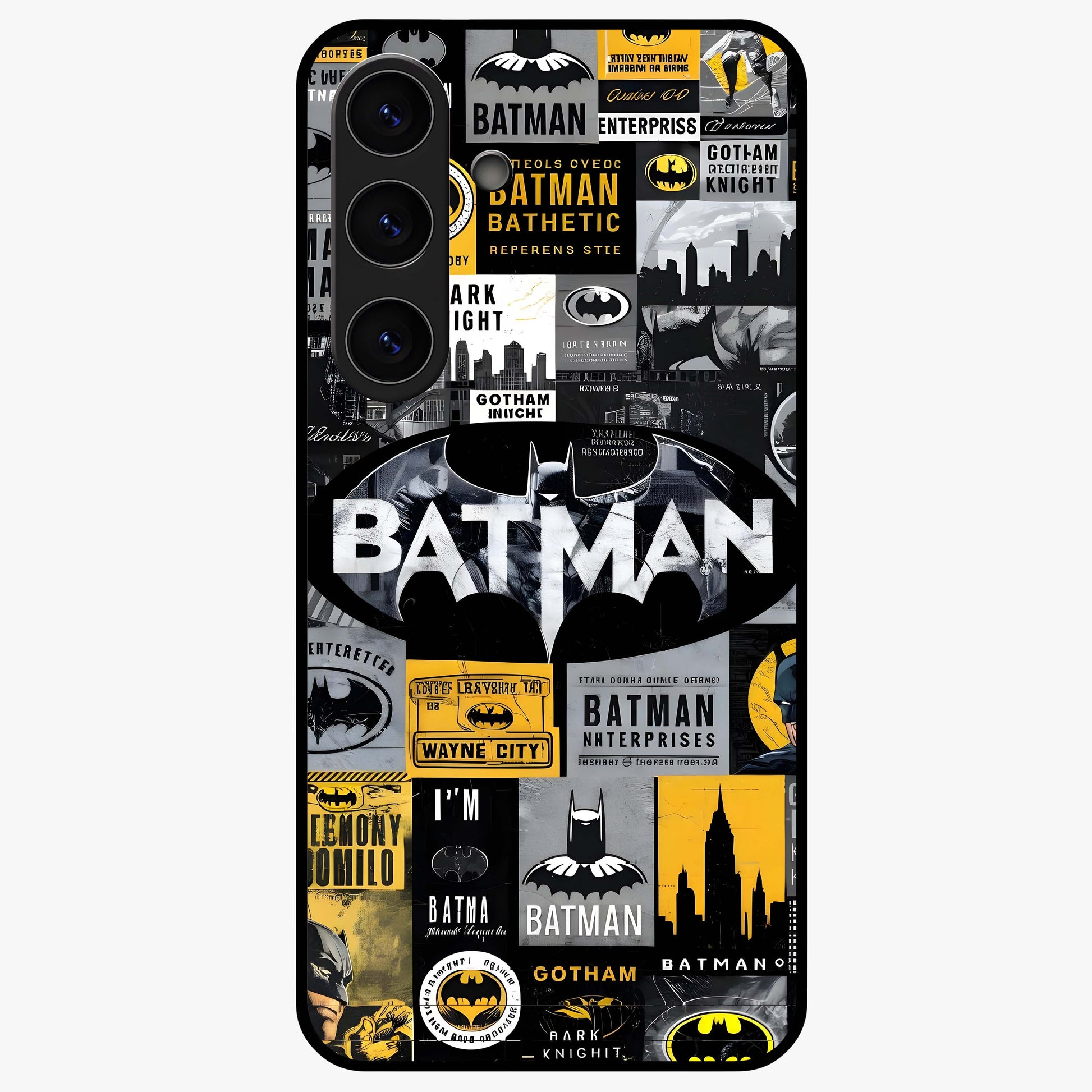 Knight Gotham Rise Glass Case showing flat back view with dark hero inspired artwork and glossy glass finish.
