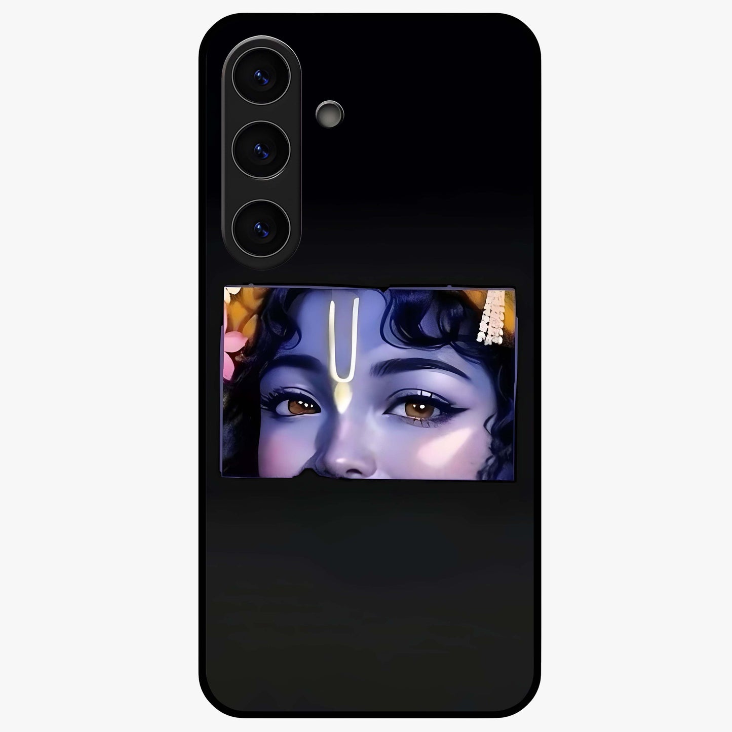 Krishna Divine Embrace Glass Case showing flat back view with Lord Krishna devotional artwork and glossy glass finish.