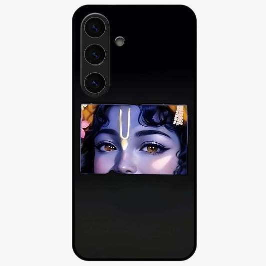 Krishna Divine Embrace Glass Case showing flat back view with Lord Krishna devotional artwork and glossy glass finish.