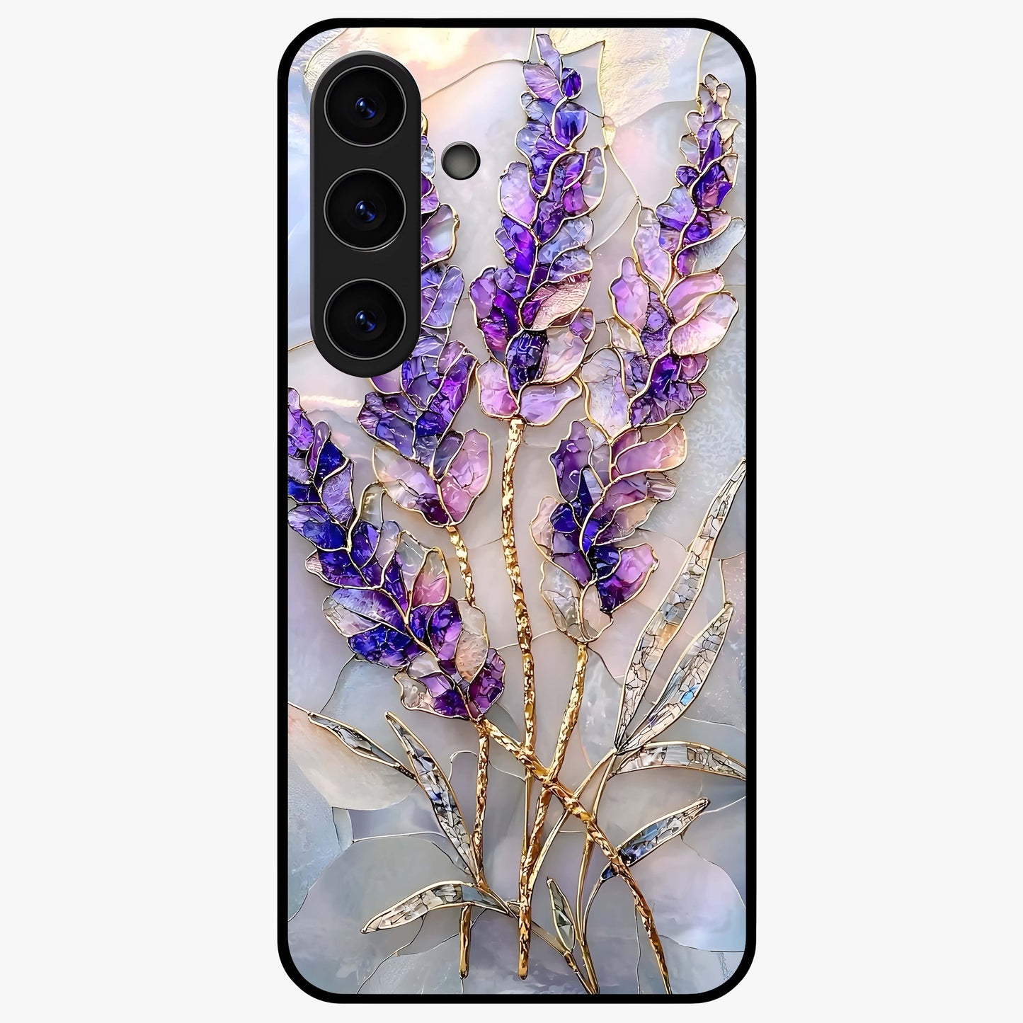 Lavender Dream Glow Glass Case showing flat back view with glowing lavender aesthetic artwork and glossy glass finish.