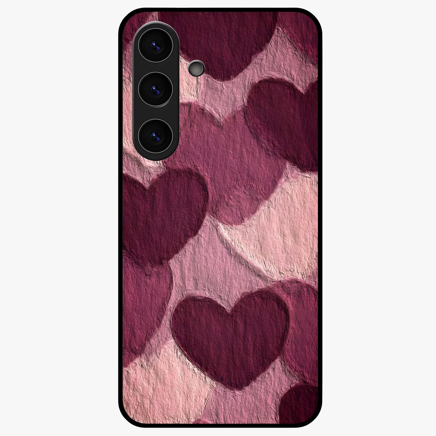Layered Paper Hearts Glass Case showing flat back view with layered paper heart artwork and glossy glass finish.