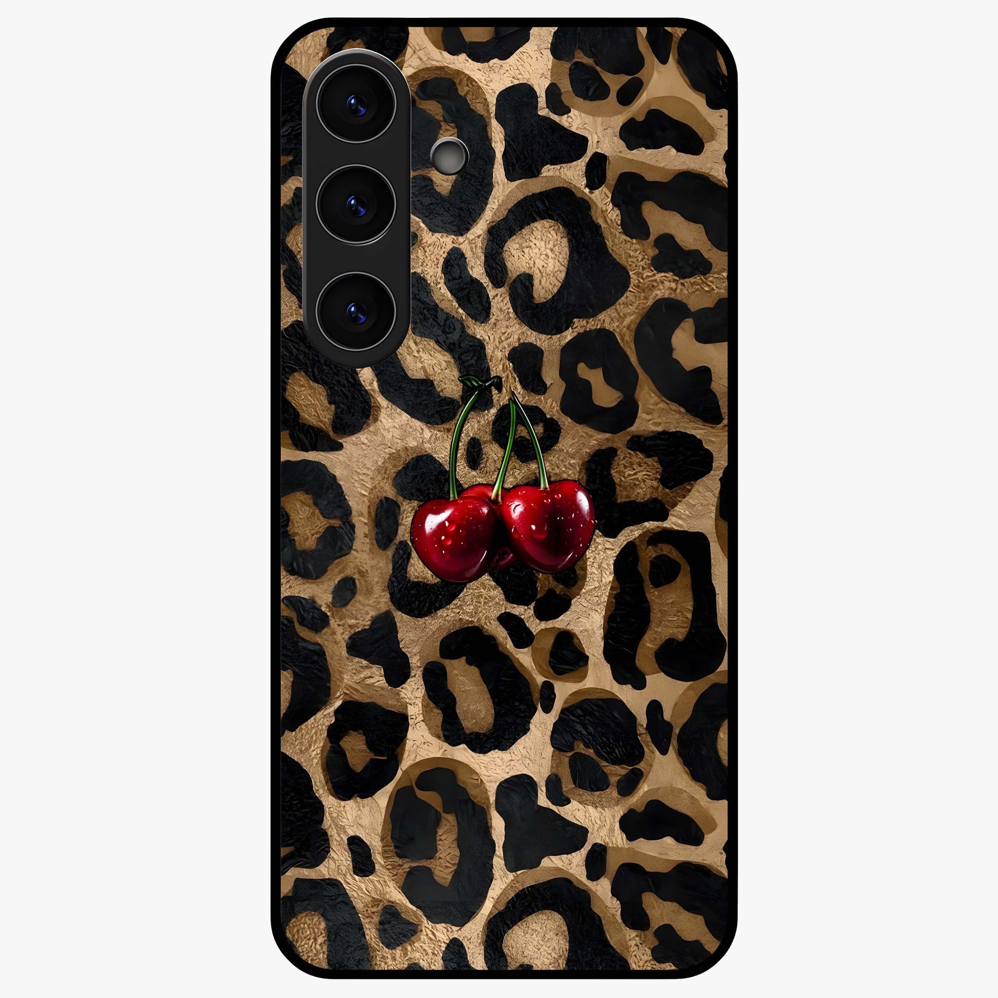 Leopard Wild Cherry Glass Case showing flat back view with leopard pattern and cherry artwork and glossy glass finish.