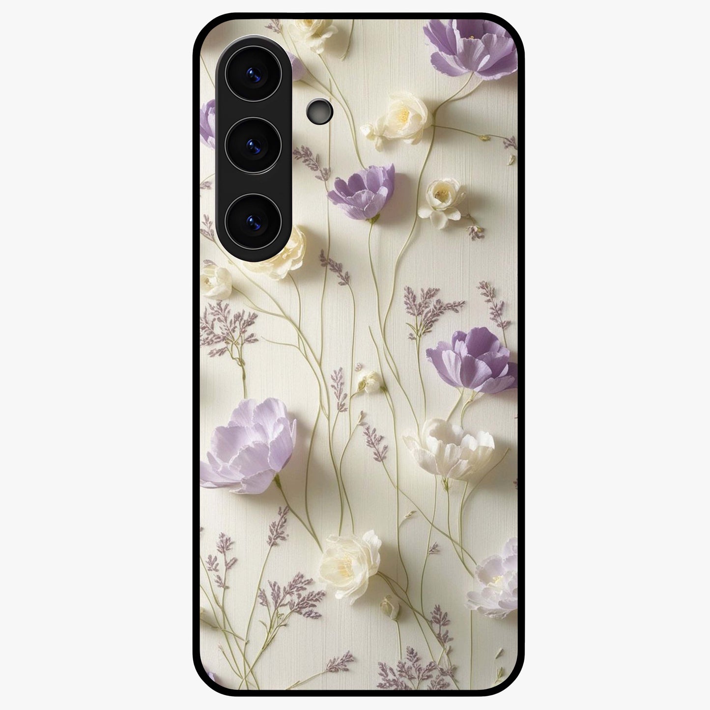 Lilac Breeze Harmony Glass Case showing flat back view with soft lilac themed artwork and glossy glass finish.
