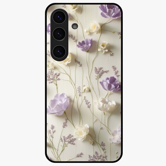 Lilac Breeze Harmony Glass Case showing flat back view with soft lilac themed artwork and glossy glass finish.