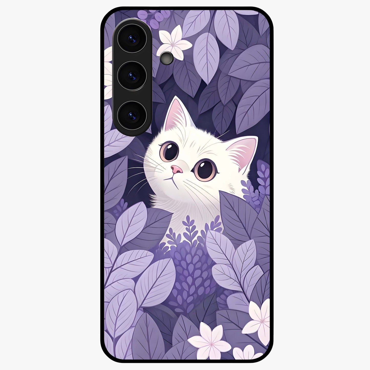 Lilac Hide Peek Cat Glass Case showing flat back view with cute peeking cat artwork and glossy glass finish.