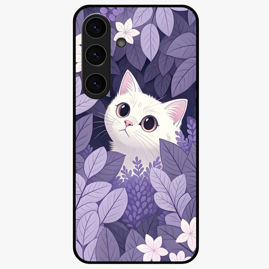 Lilac Hide Peek Cat Glass Case showing flat back view with cute peeking cat artwork and glossy glass finish.
