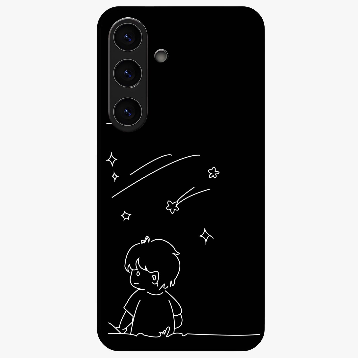Line Art Boy With Shooting Stars Glass Case showing flat back view with minimal line art boy and shooting stars illustration and glossy glass finish.
