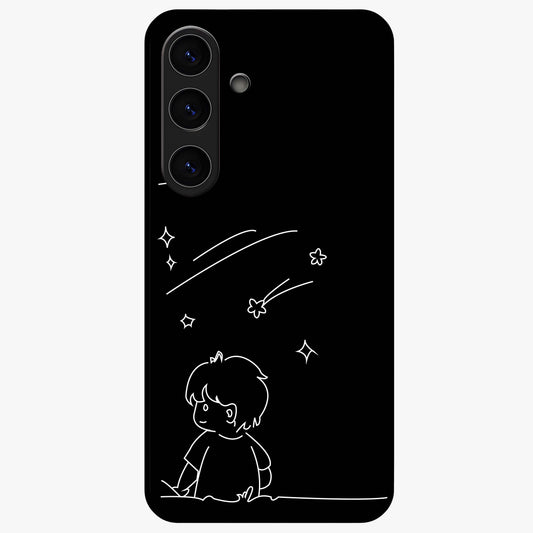 Line Art Boy With Shooting Stars Glass Case showing flat back view with minimal line art boy and shooting stars illustration and glossy glass finish.