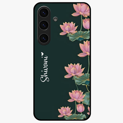 Lotus Bloom Serenity Custom Name Glass Case showing flat back view with elegant lotus flower artwork and personalized name design.