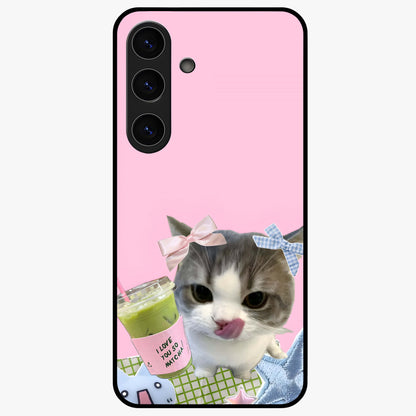 Love Matcha Cat Glass Case showing flat back view with cute cat and matcha themed artwork and glossy glass finish.