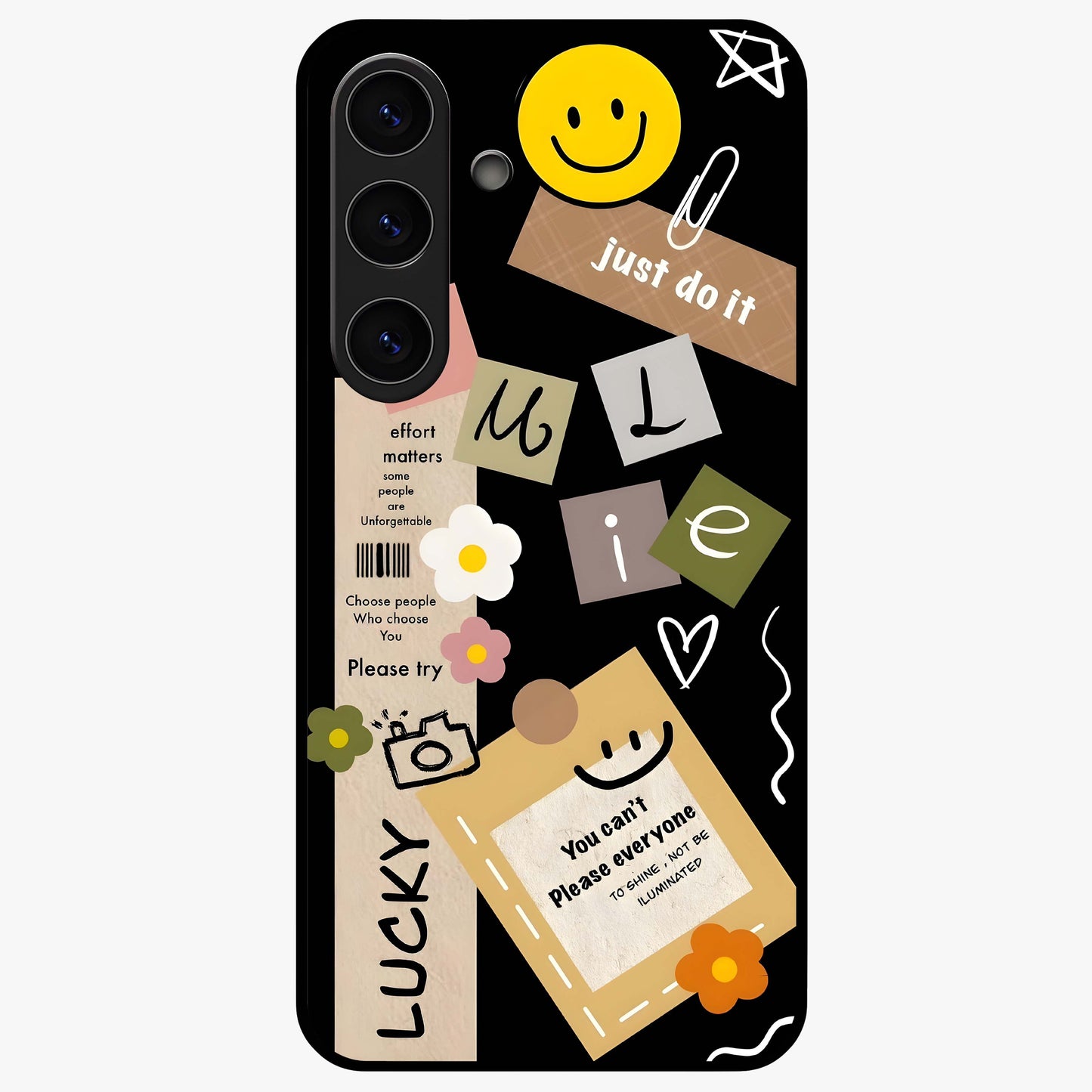 Lucky Aesthetic Collage Glass Case showing flat back view with trendy aesthetic collage artwork and glossy glass finish.