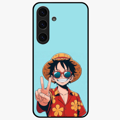 Luffy Summer Anime Vibe Glass Case showing flat back view with vibrant anime character artwork and glossy glass finish.