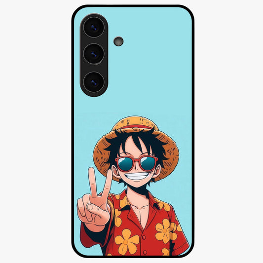 Luffy Summer Anime Vibe Glass Case showing flat back view with vibrant anime character artwork and glossy glass finish.