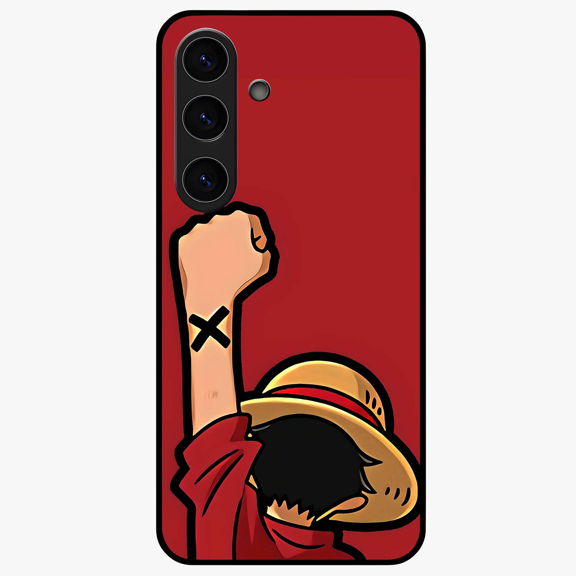Luffy X Spirit Glass Case showing flat back view with bold anime character artwork and glossy glass finish.