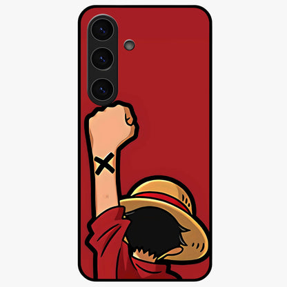 Luffy X Spirit Glass Case showing flat back view with bold anime character artwork and glossy glass finish.