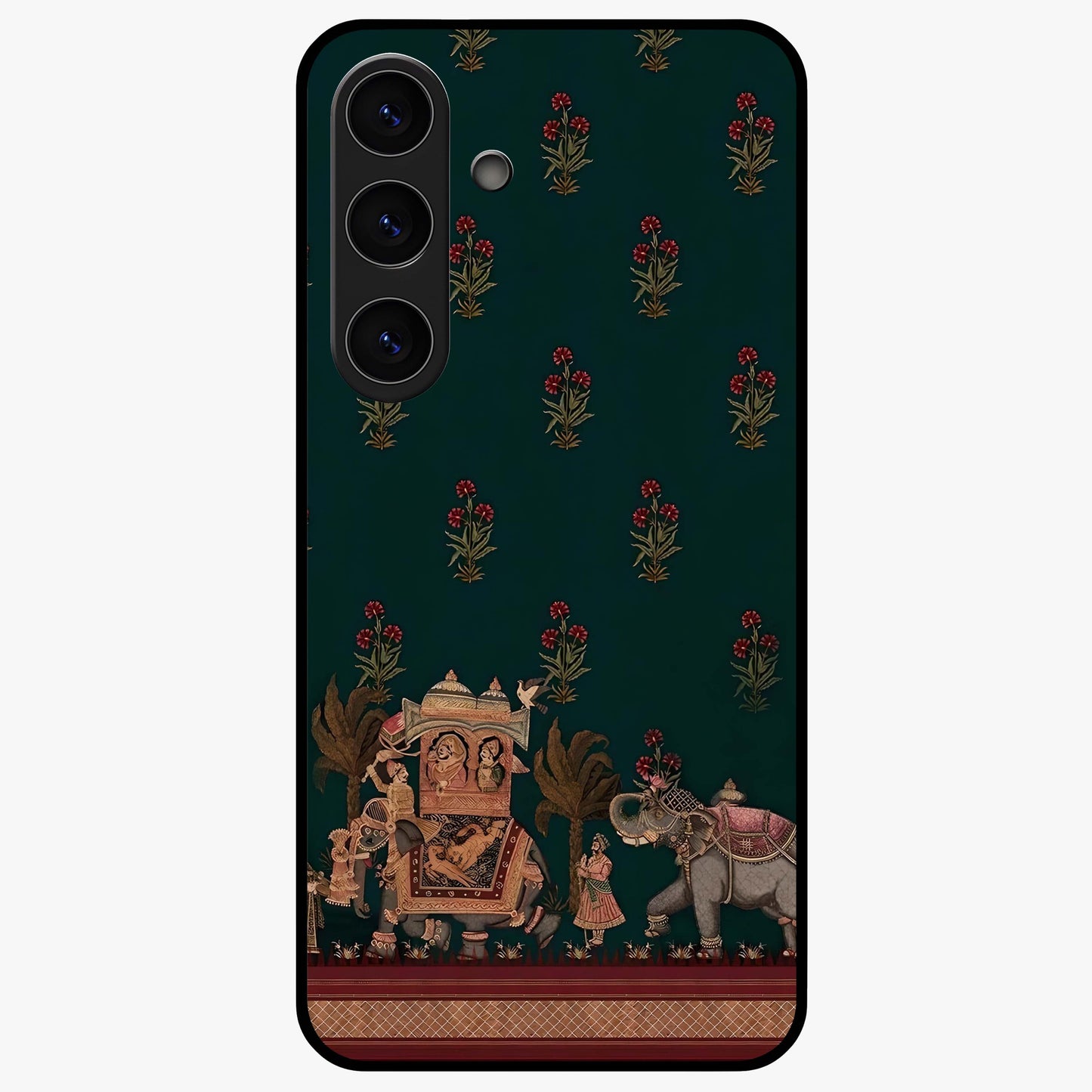 Macmerise Glass Case showing flat back view with stylish modern artwork and glossy glass finish.