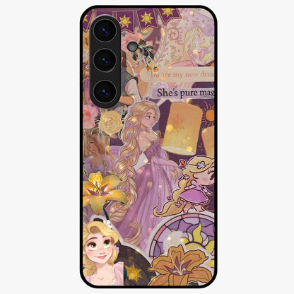 Magical Tangled Dream Glass Case showing flat back view with dreamy tangled artwork and glossy glass finish.
