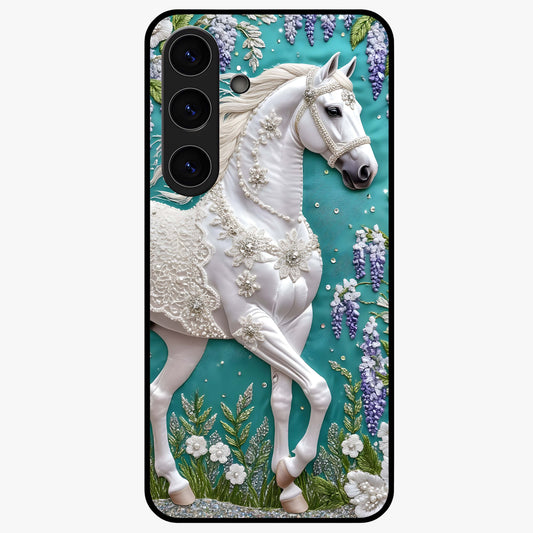 Majestic Floral Stallion Glass Case showing flat back view with powerful horse and floral artwork and glossy glass finish.