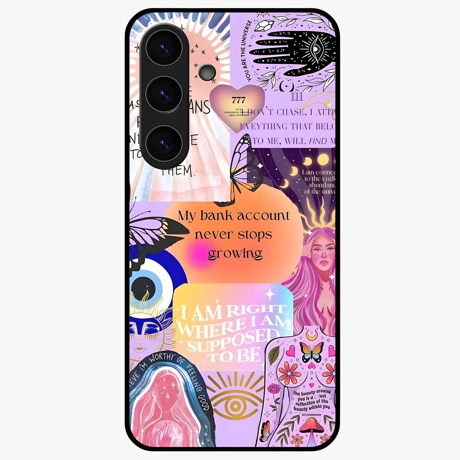 Manifestation Collage Glass Case showing flat back view with motivational collage artwork and glossy glass finish.