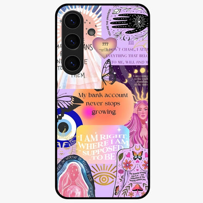Manifestation Collage Glass Case showing flat back view with motivational collage artwork and glossy glass finish.