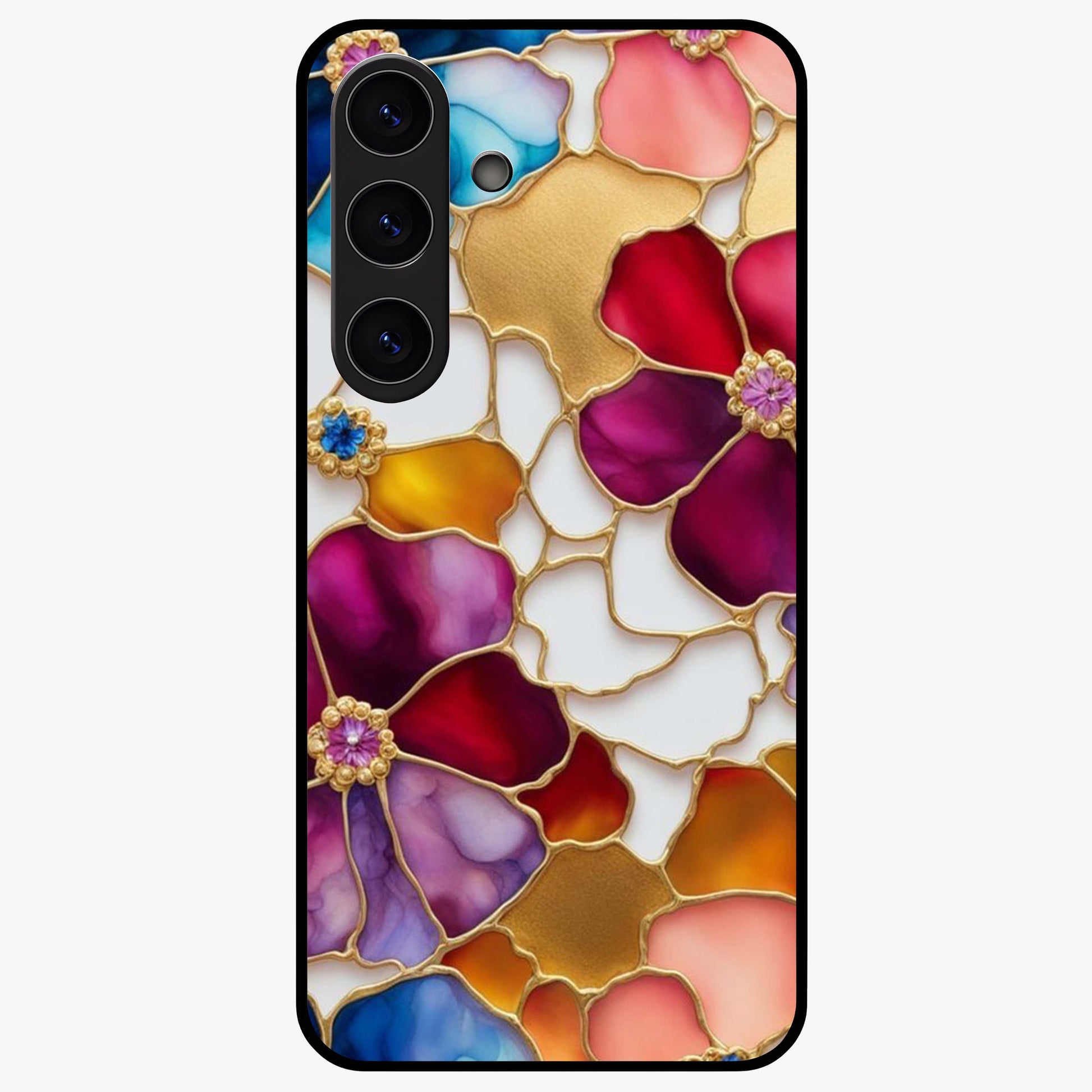 Marble Flower Pattern Glass Case showing flat back view with marble texture floral artwork and glossy glass finish.
