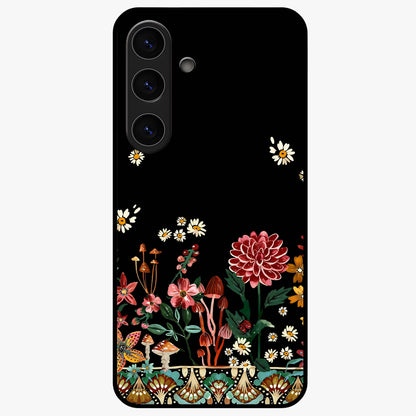 Midnight Bloom Pattern Glass Case showing flat back view with dark floral pattern artwork and glossy glass finish.