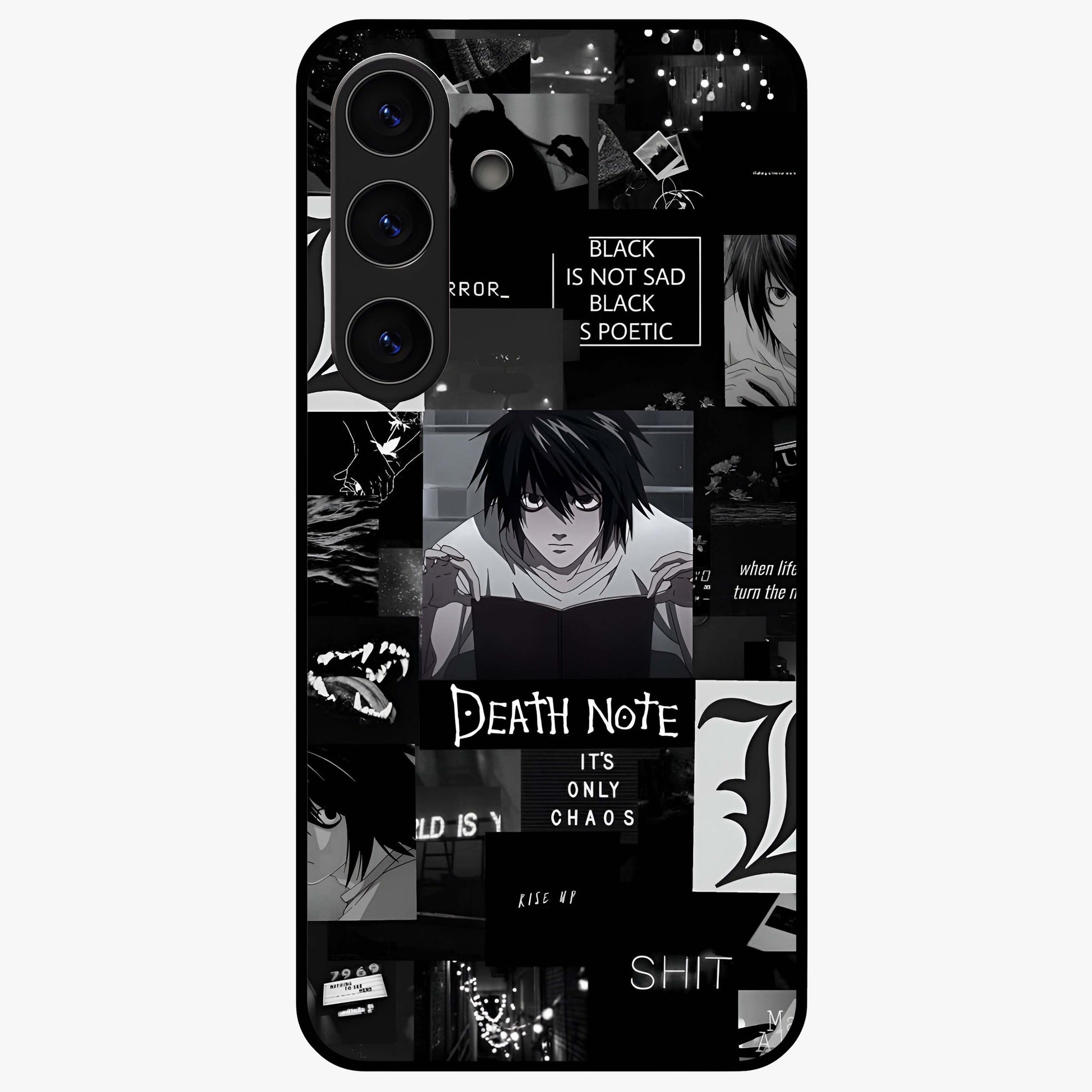 Midnight Chaos Mind Glass Case showing flat back view with abstract dark themed artwork and glossy glass finish.