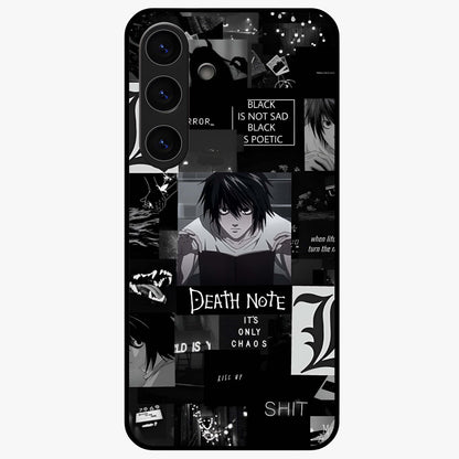 Midnight Chaos Mind Glass Case showing flat back view with abstract dark themed artwork and glossy glass finish.