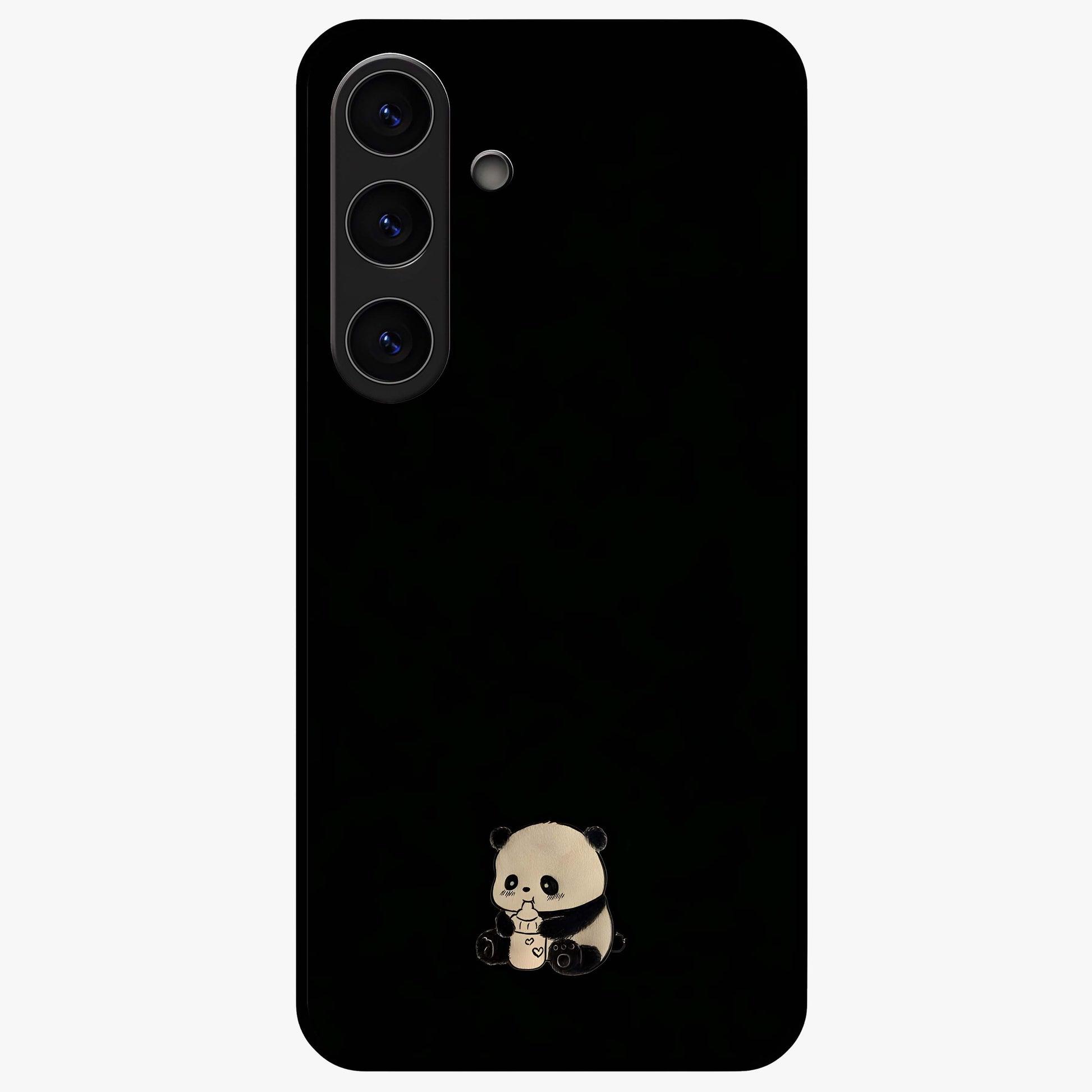 Midnight Panda Love Glass Case showing flat back view with cute panda themed artwork and glossy glass finish.