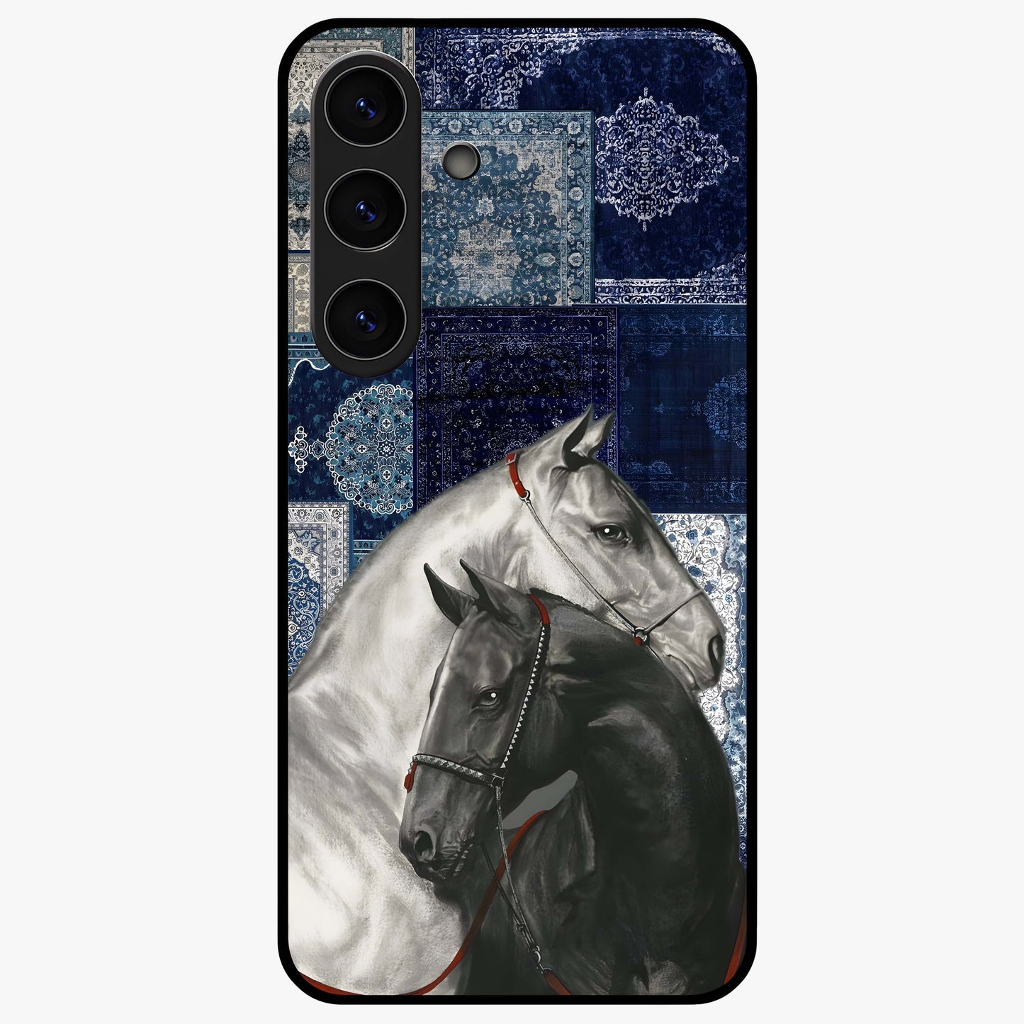 Midnight Stallion Blues Glass Case showing flat back view with majestic horse artwork and glossy glass finish.