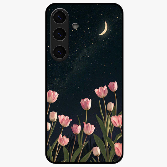 Midnight Tulip Whispers Vibe Glass Case showing flat back view with elegant tulip flower artwork and glossy glass finish.