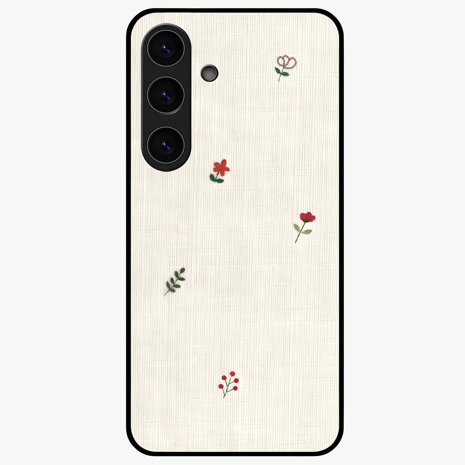 Minimal Petal Whispers Glass Case showing flat back view with soft minimal floral artwork and glossy glass finish.