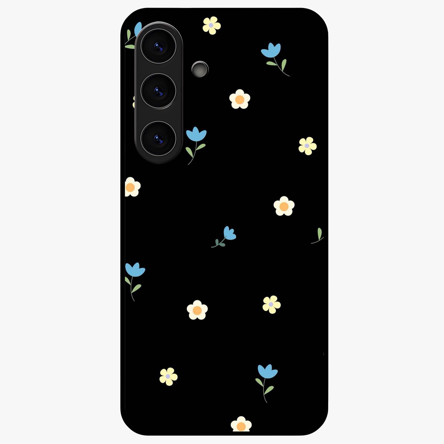Minimalistic Blue With White Flower Pattern Glass Case showing flat back view with blue background and white flower pattern and glossy glass finish.