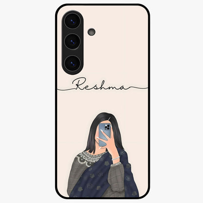 Mirror Mood Muse With Custom Name Glass Case showing flat back view with stylish mirrored artwork and personalized name design.