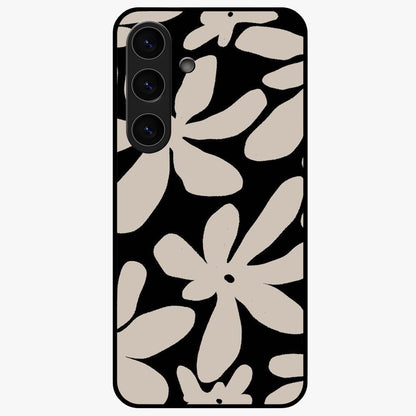 Monochrome Petal Dance Glass Case showing flat back view with monochrome floral artwork and glossy glass finish.