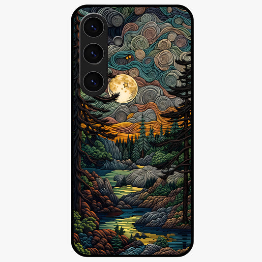 Moonlight Forest Dream Glass Case showing flat back view with mystical forest moonlight artwork and glossy glass finish.