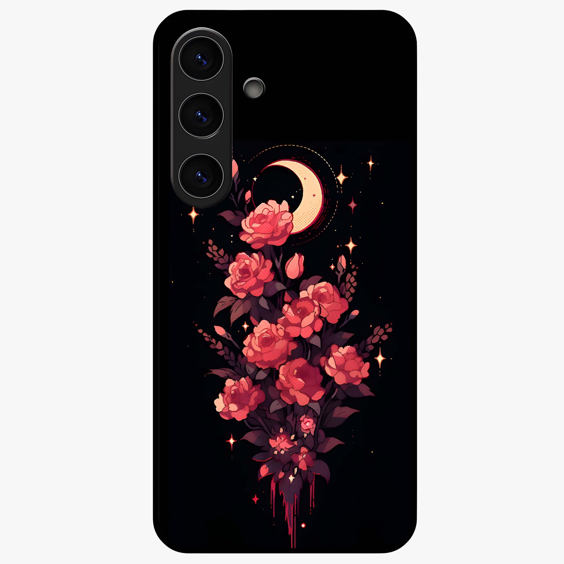 Moonlit Floral Elegance Glass Case showing flat back view with elegant floral artwork under moonlit tones and glossy glass finish.
