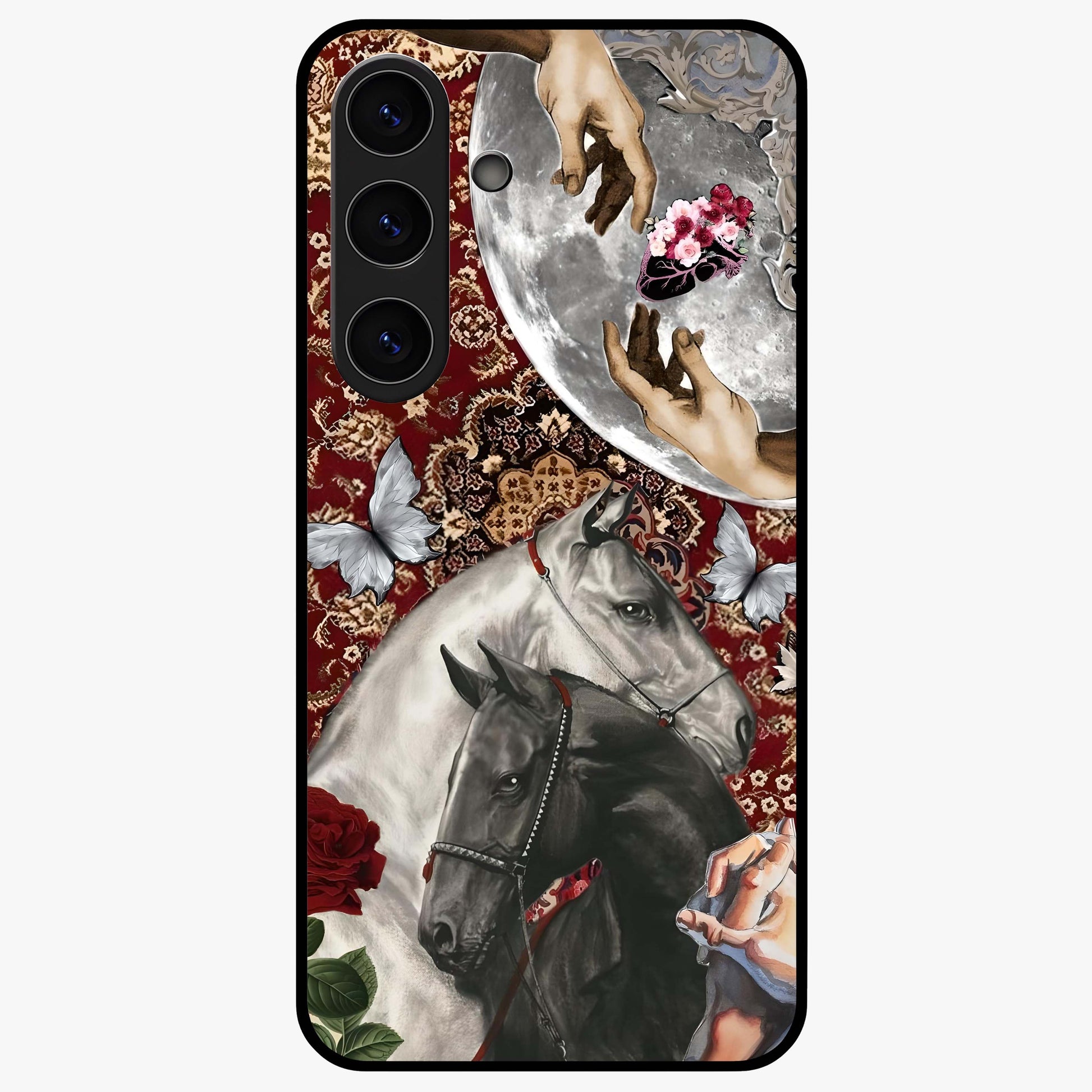 Moonlit Royal Stallion Glass Case showing flat back view with majestic horse under moonlight artwork and glossy glass finish.