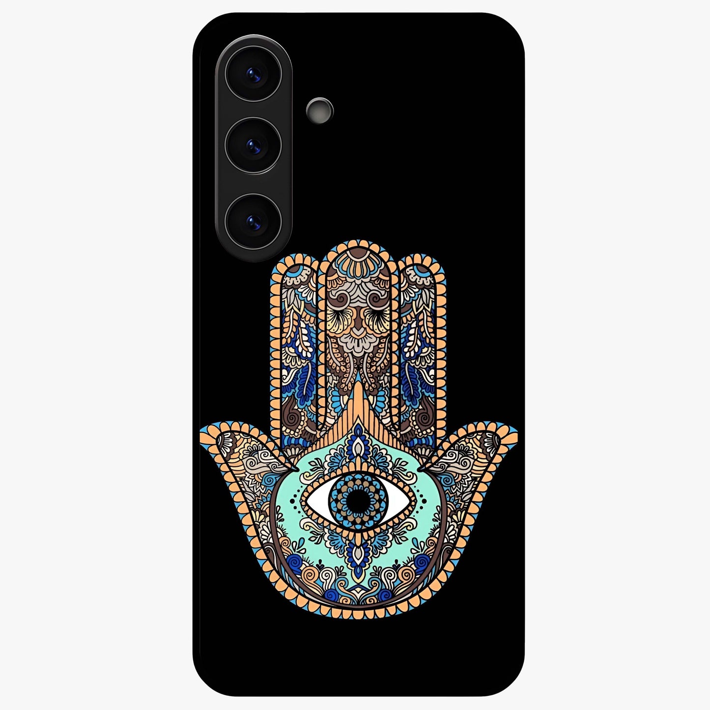 Mystic Hamsa Eye Glass Case showing flat back view with protective hamsa hand and evil eye artwork and glossy glass finish.