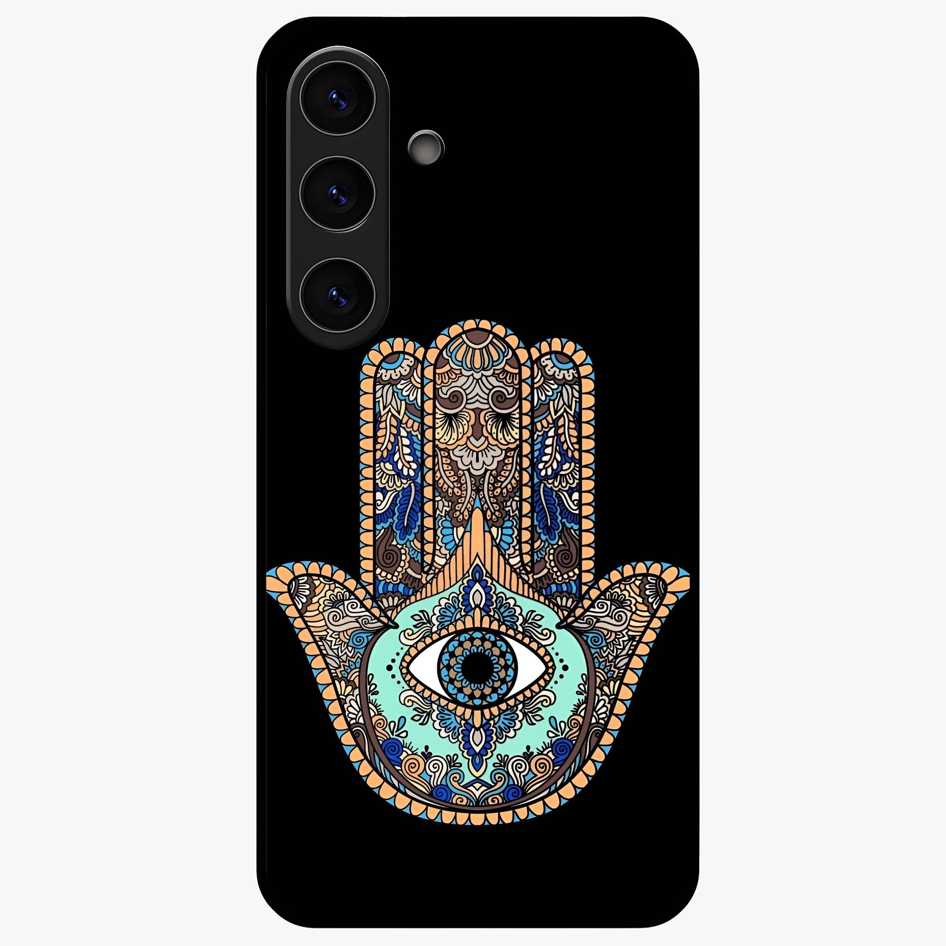 Mystic Hamsa Eye Glass Case showing flat back view with protective hamsa hand and evil eye artwork and glossy glass finish.