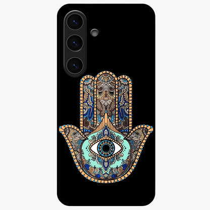 Mystic Hamsa Eye Glass Case showing flat back view with protective hamsa hand and evil eye artwork and glossy glass finish.