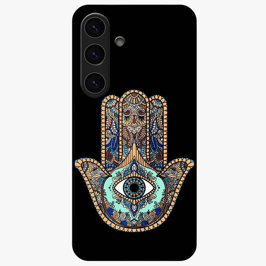 Mystic Hamsa Eye Glass Case showing flat back view with protective hamsa hand and evil eye artwork and glossy glass finish.