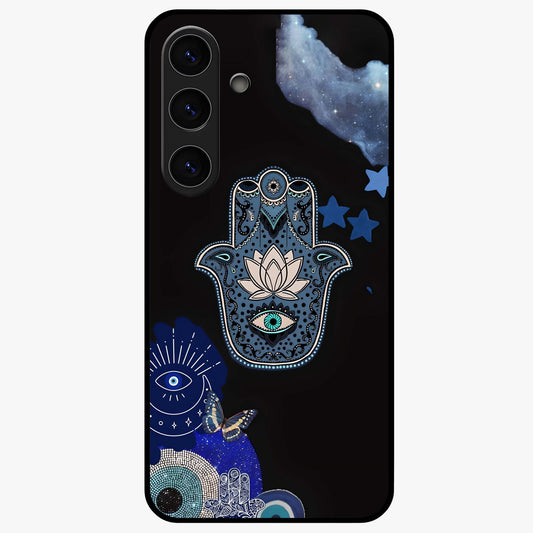 Mystic Hand Aura Glass Case showing flat back view with mystical hand symbol artwork and glossy glass finish.