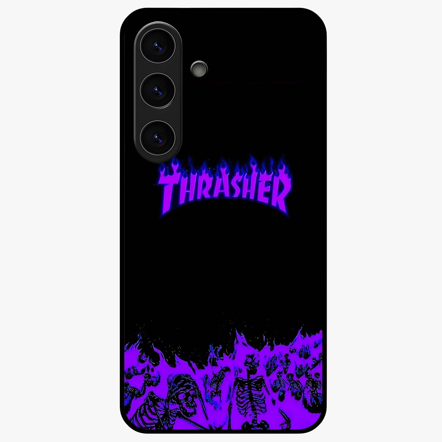 Neon Flame Riot Glass Case showing flat back view with neon flame artwork and glossy glass finish.
