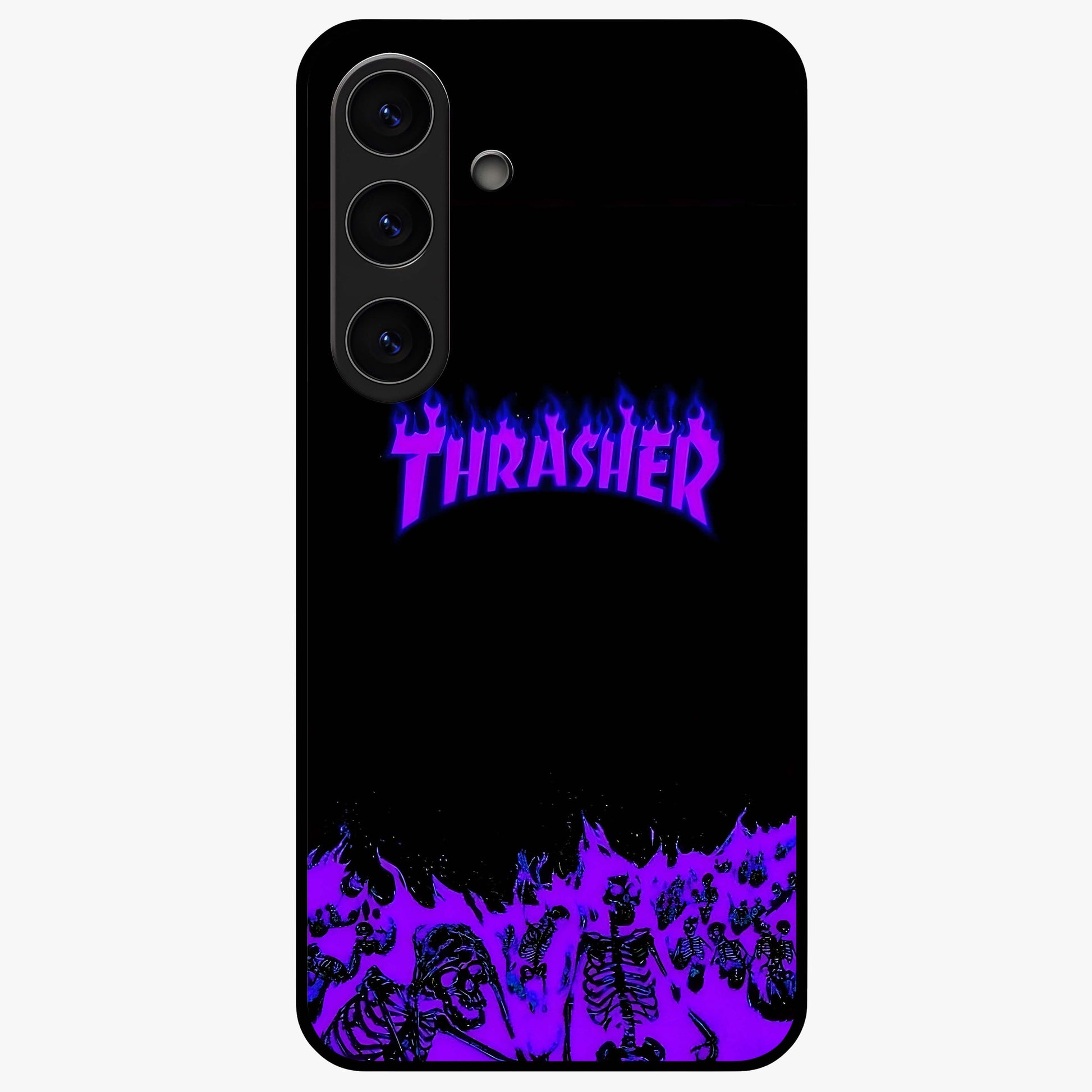 Neon Flame Riot Glass Case showing flat back view with neon flame artwork and glossy glass finish.