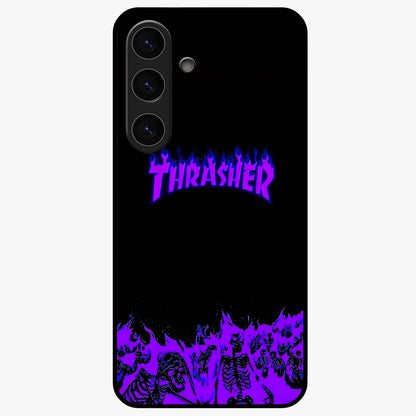 Neon Flame Riot Glass Case showing flat back view with neon flame artwork and glossy glass finish.