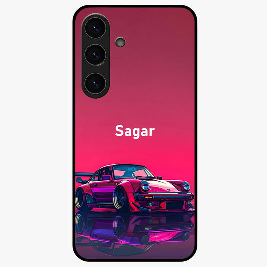 Neon Pink Porsche Glass Case showing flat back view with stylish sports car artwork and glossy glass finish.